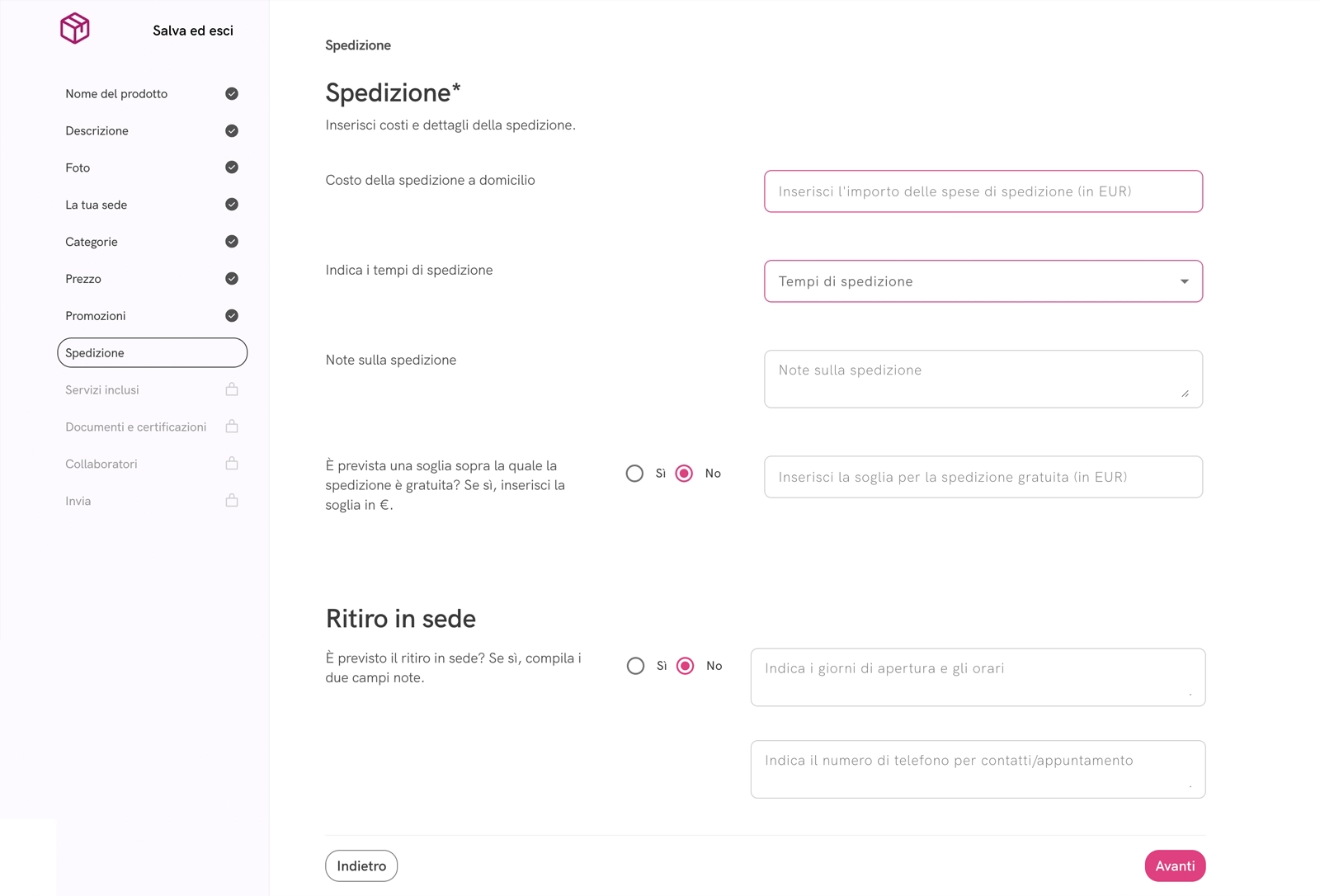 Schermata opzioni di spedizione